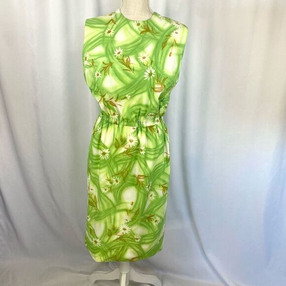 Vintage 60s Dress Blouson Women’s Elasticized Waist Green & White Floral Retro - Picture 1 of 11